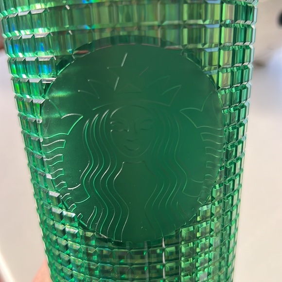 Starbucks venti tumbler green grid design with pink lid - Picture 3 of 5